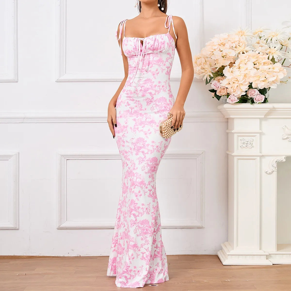Elegant Sexy Floral Pleated Maxi Dress