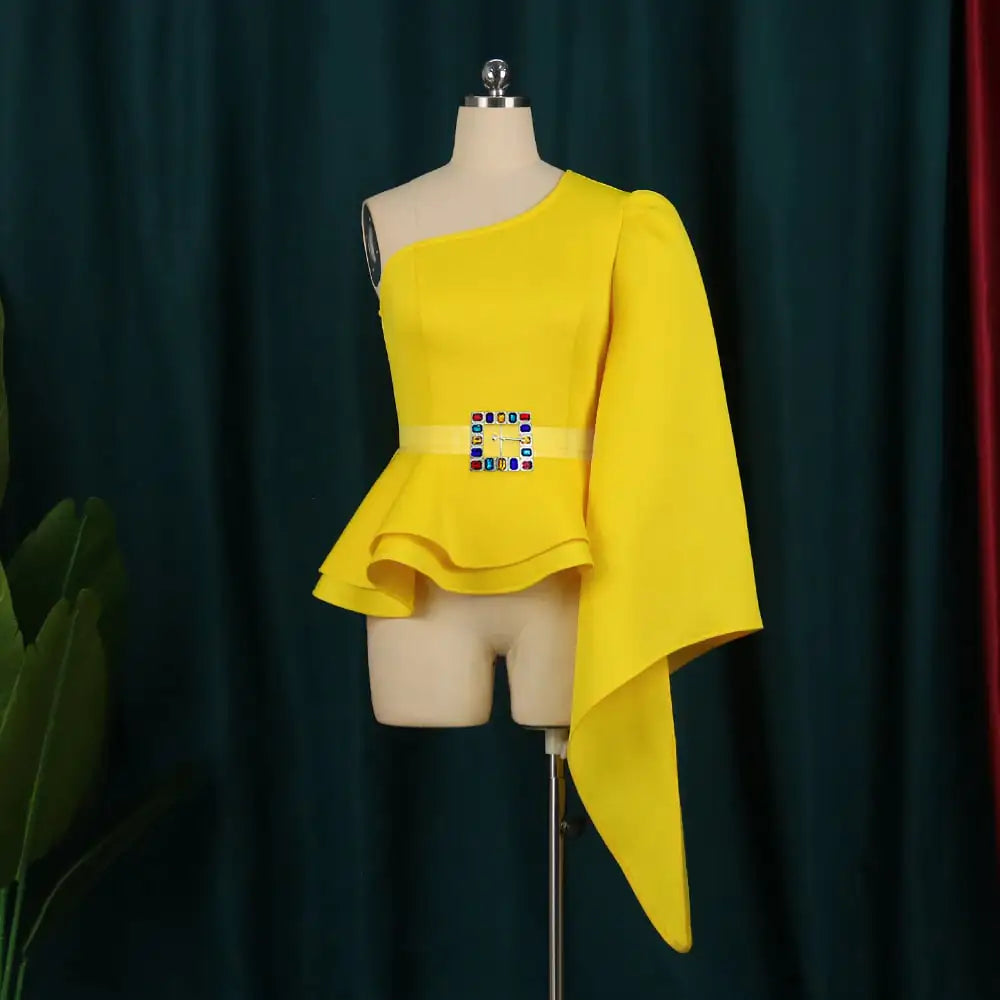 Sloping Shoulder Ruffled High Waist Belted Dress