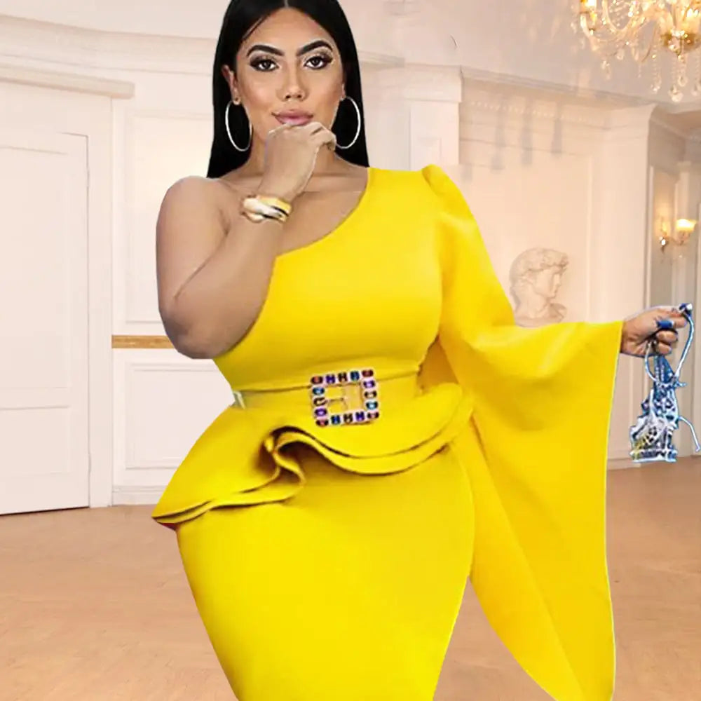 Sloping Shoulder Ruffled High Waist Belted Dress