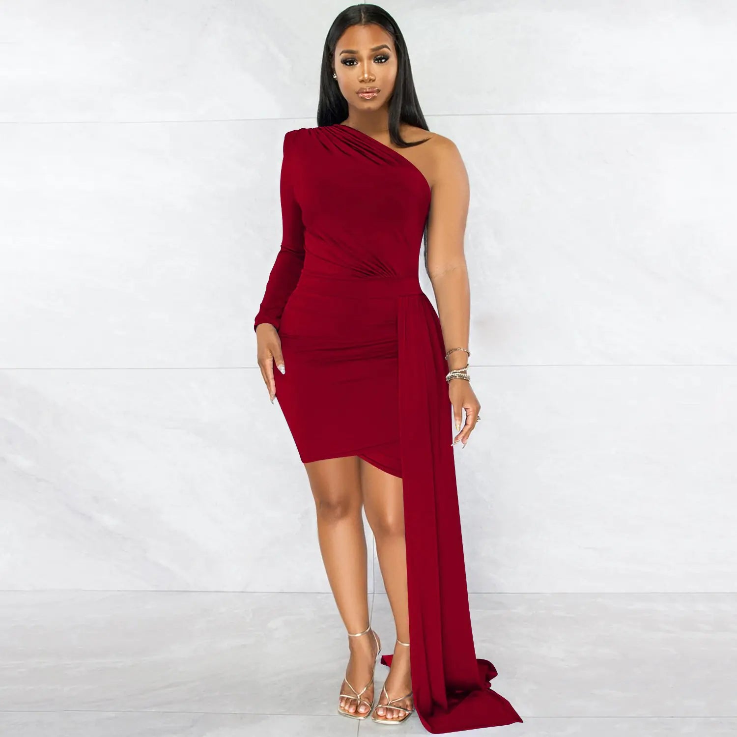 Pleated Long Sleeve Dress with Slanted Shoulders