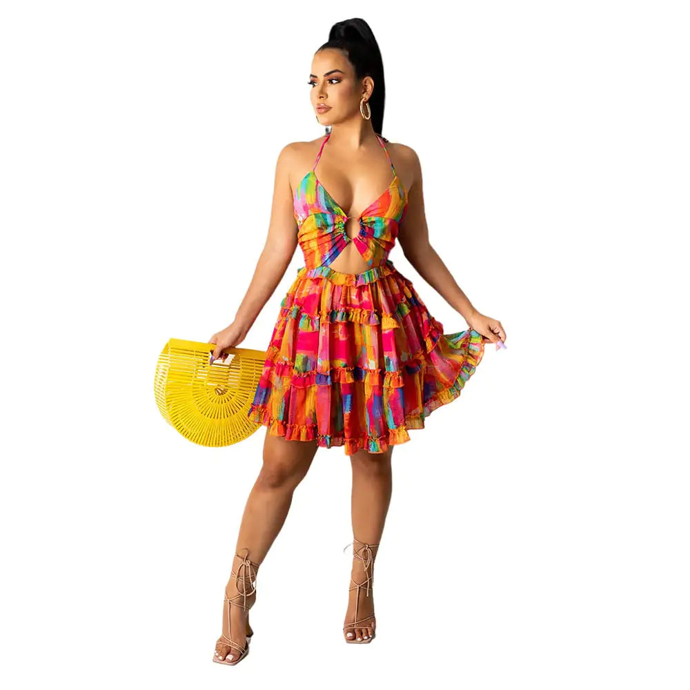 Backless Dress with Fashion Print for Girls