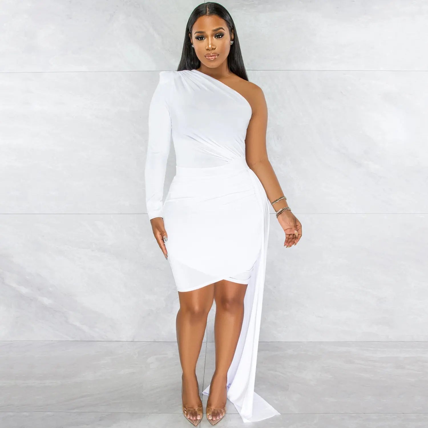 Pleated Long Sleeve Dress with Slanted Shoulders