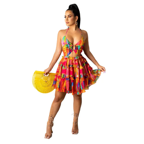 Backless Dress with Fashion Print for Girls