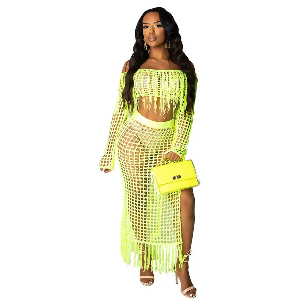 Casual Fringe Beach Skirt Two-Piece Set for Women