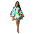 Off Shoulder Satin Bat Sleeve Printed Dress