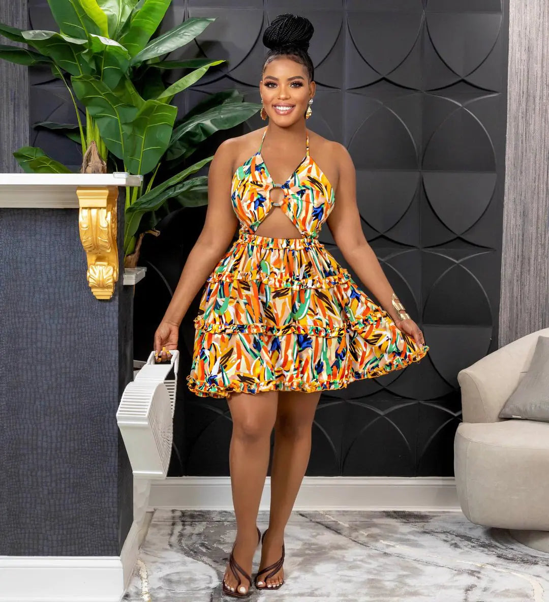 Backless Dress with Fashion Print for Girls