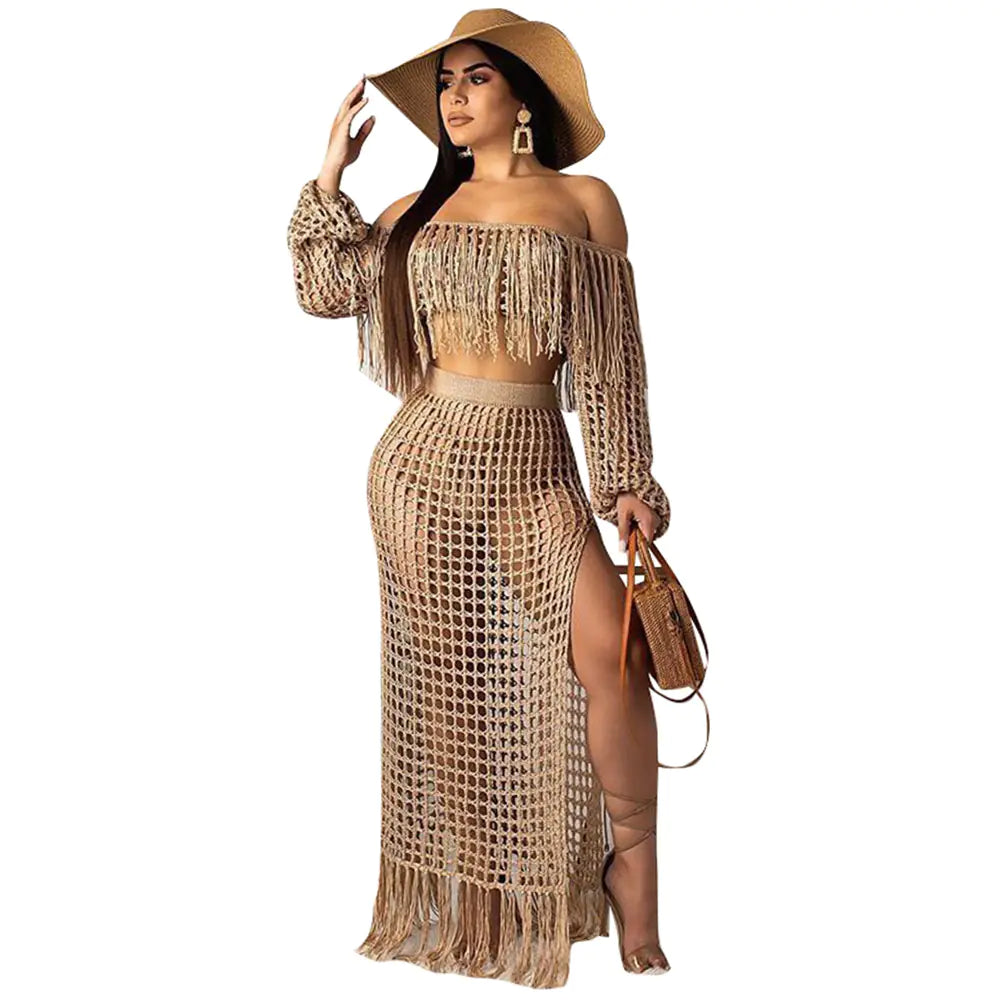 Casual Fringe Beach Skirt Two-Piece Set for Women
