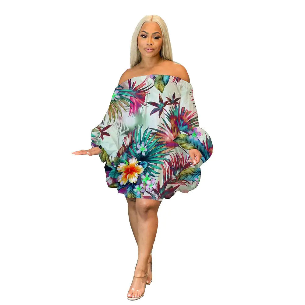 Off Shoulder Satin Bat Sleeve Printed Dress
