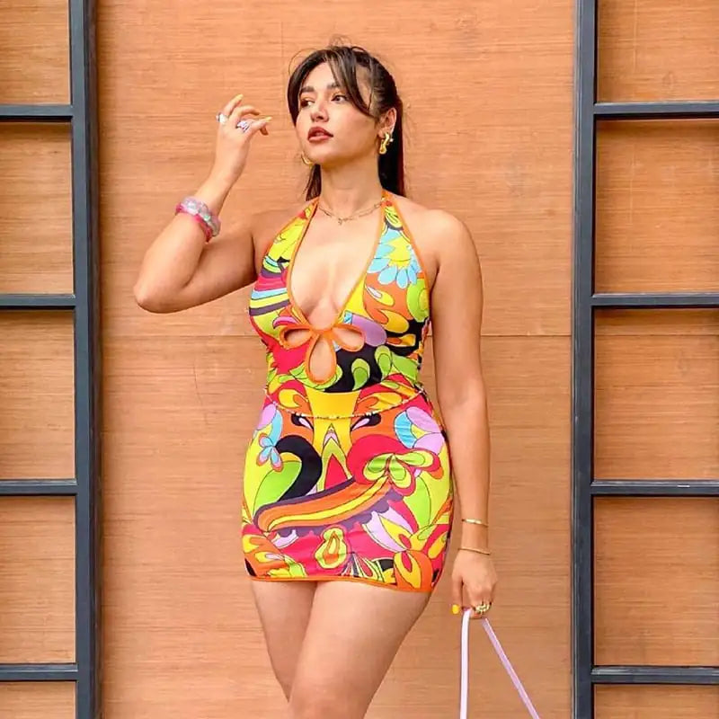 Hollow Deep V-neck Sleeveless Halterneck Dress