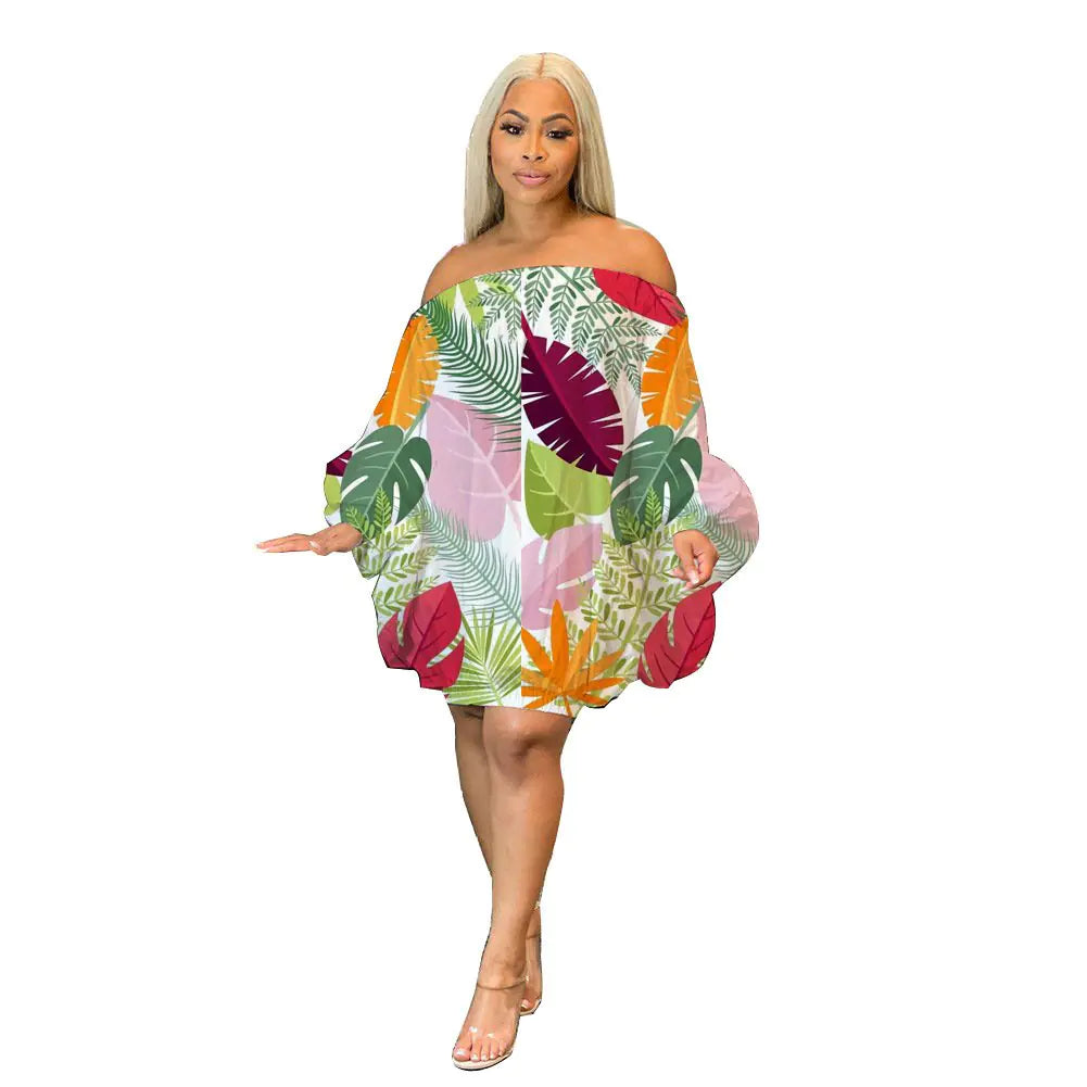 Off Shoulder Satin Bat Sleeve Printed Dress