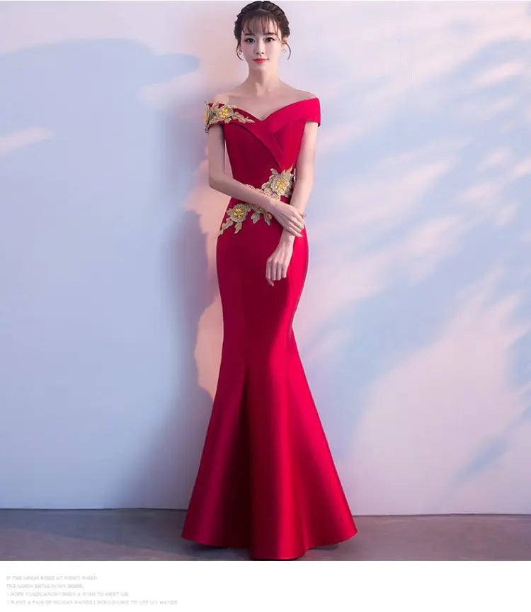 Embroidered Off-Shoulder Bodycon Maxi Dress