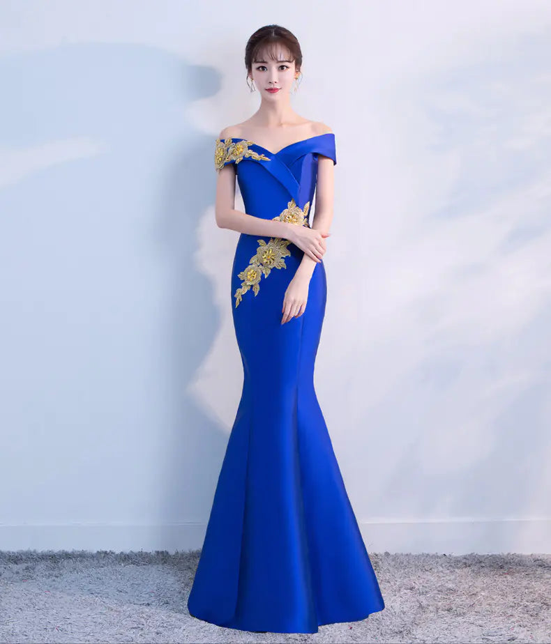 Embroidered Off-Shoulder Bodycon Maxi Dress