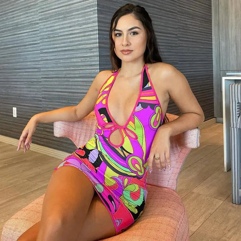 Hollow Deep V-neck Sleeveless Halterneck Dress