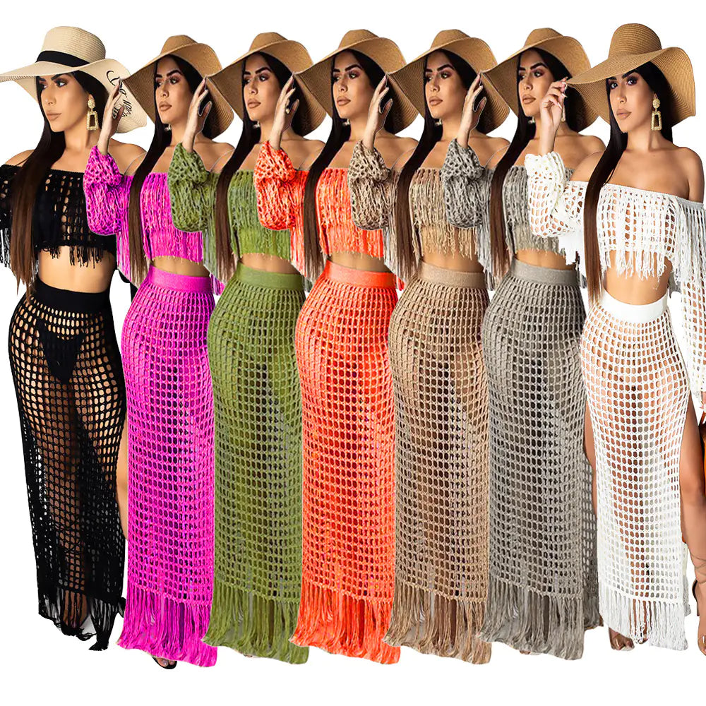 Casual Fringe Beach Skirt Two-Piece Set for Women