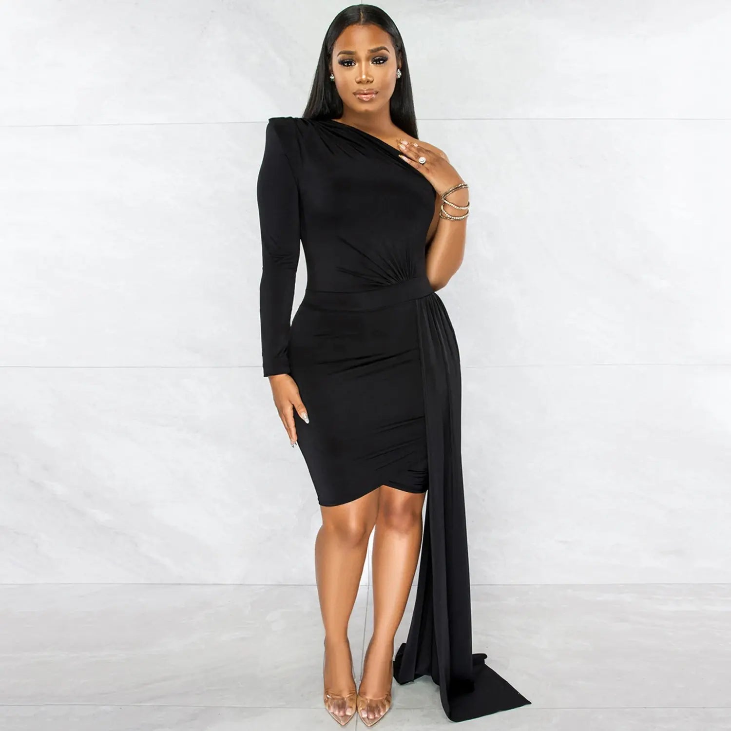 Pleated Long Sleeve Dress with Slanted Shoulders