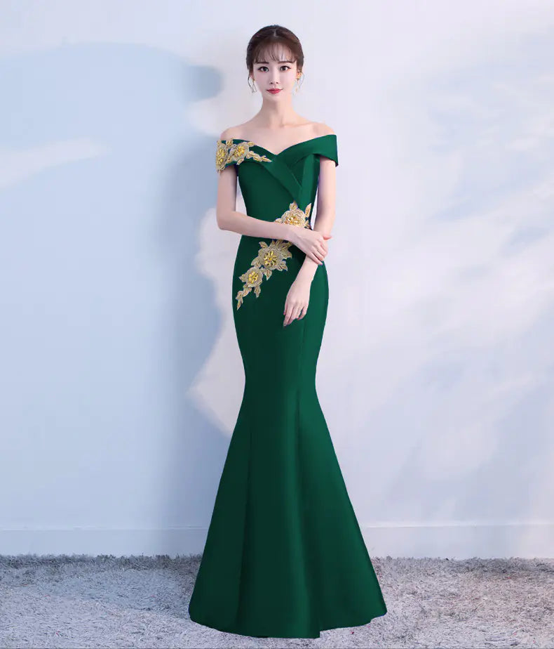 Embroidered Off-Shoulder Bodycon Maxi Dress