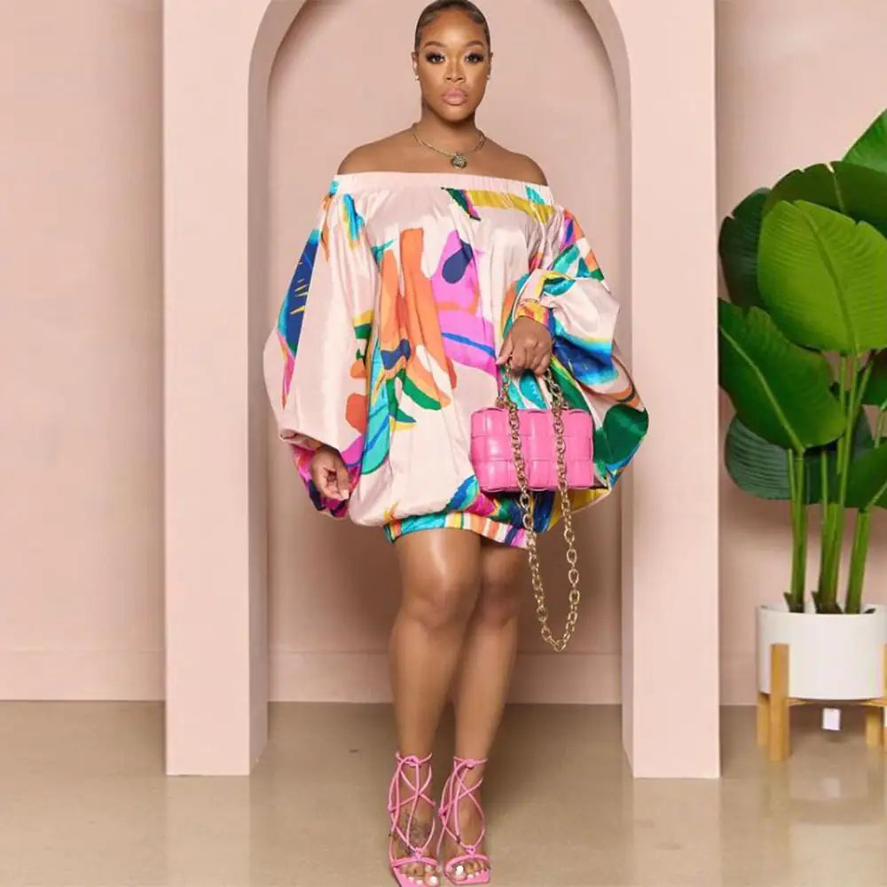 Off Shoulder Satin Bat Sleeve Printed Dress